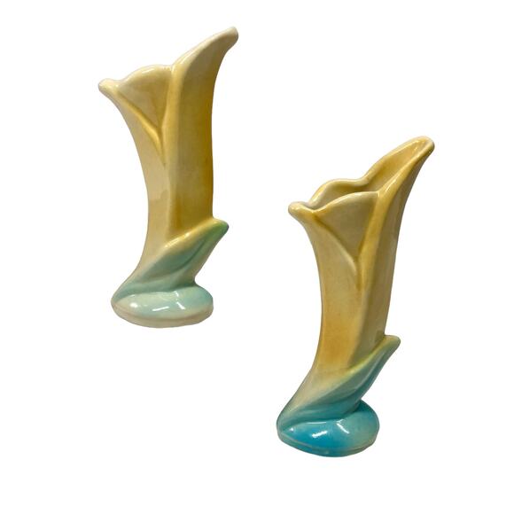 Vintage Shawnee Pottery Bud Vases Deco Yellow & Aqua Set of 2 - Picture 6 of 6